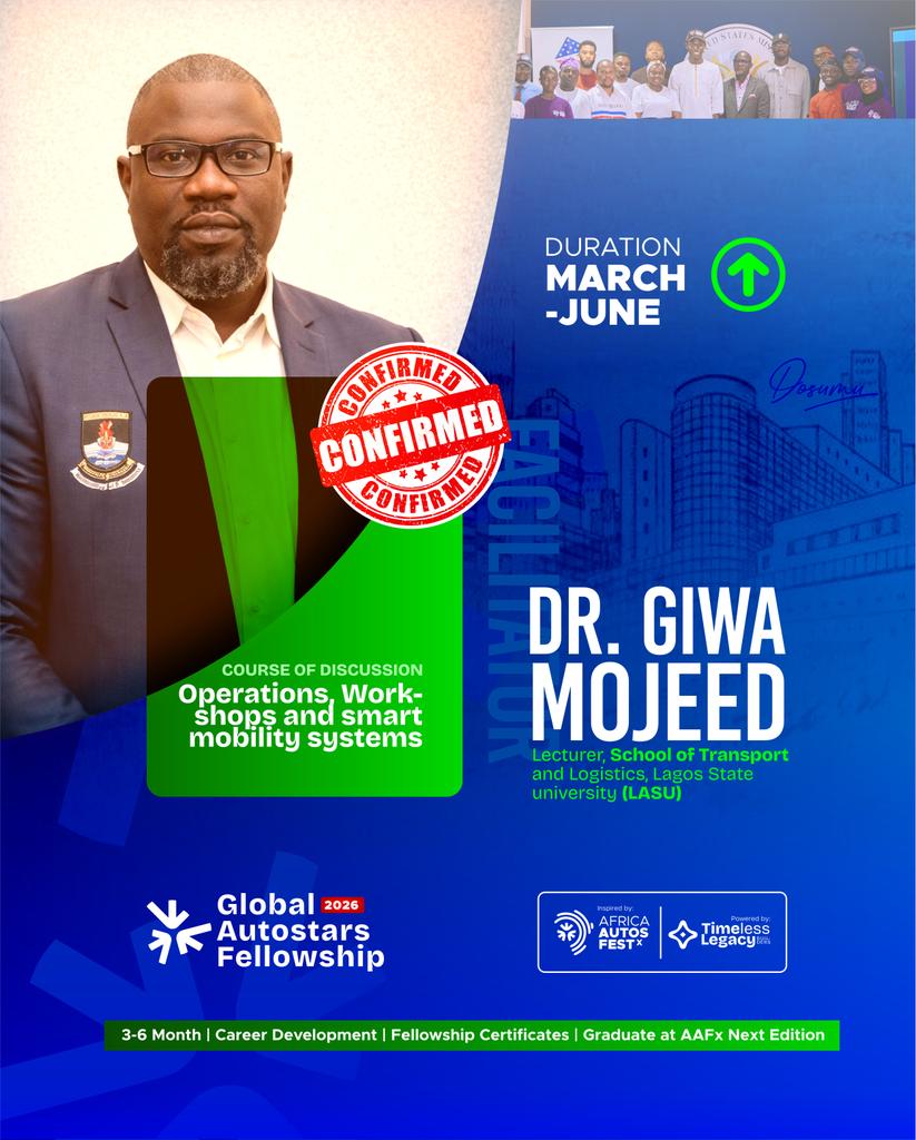 globalautoS_F's tweet photo. Another expert joins Global Autostars Fellowship,

Dr. Giwa Mojeed (LASU) will lead a session on Operations, Workshops &amp; Smart Mobility Systems 🚘📊
Get ready to learn the operational side of the automotive industry.

#GlobalAutostarsFellowship #SmartMobility #TransportInnovation https://t.co/bv9z7WaYoC