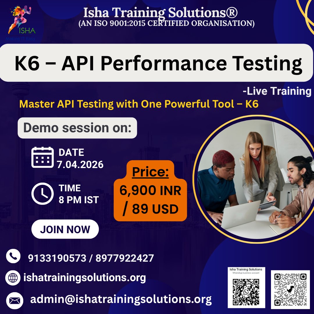 IshaKumargupta's tweet image. Isha Training Solutions presents “K6 – API Performance Testing
Free Demo On: 
7thApril@8PM(IST)/7thApril@10:30AM(EST)
For Registration
docs.google.com/forms/d/1LwPAc…
call 9133190573
For Course details
ishatrainingsolutions.org/courses/k6-api…
#K6 #APIPerformanceTesting #PerformanceTesting