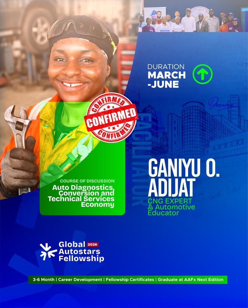 globalautoS_F's tweet photo. 🚨 Speaker Confirmed!

Ganiyu O. Adijat, CNG Expert &amp; Automotive Educator, joins Global Autostars Fellowship 2026 to speak on Auto Diagnostics &amp; Conversion Technologies 🔧🚗

Learn the technical backbone of the automotive industry.
#GlobalAutostarsFellowship #CNG #AutoDiagnostics https://t.co/RBOm3GU7aK