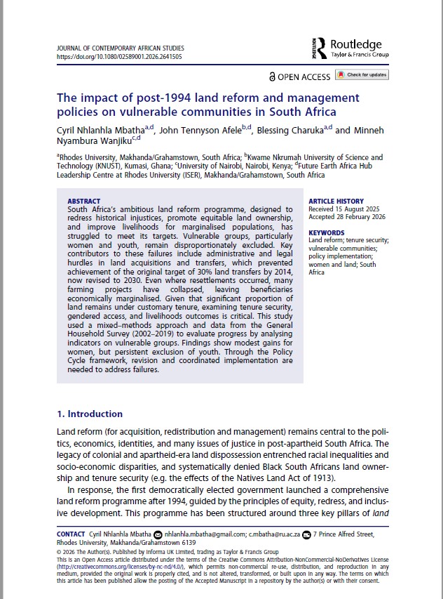 AGF_knust's tweet photo. New Publication Alert!

The impact of post-1994 land reform and management policies on vulnerable communities in South Africa.
Co-authored by Dr J.T. Afele @afeletennyson 

Read More: https://t.co/I7t8pd3e2l 

@FRNR_KNUST @KNUSTGH https://t.co/3QIg4upEYh