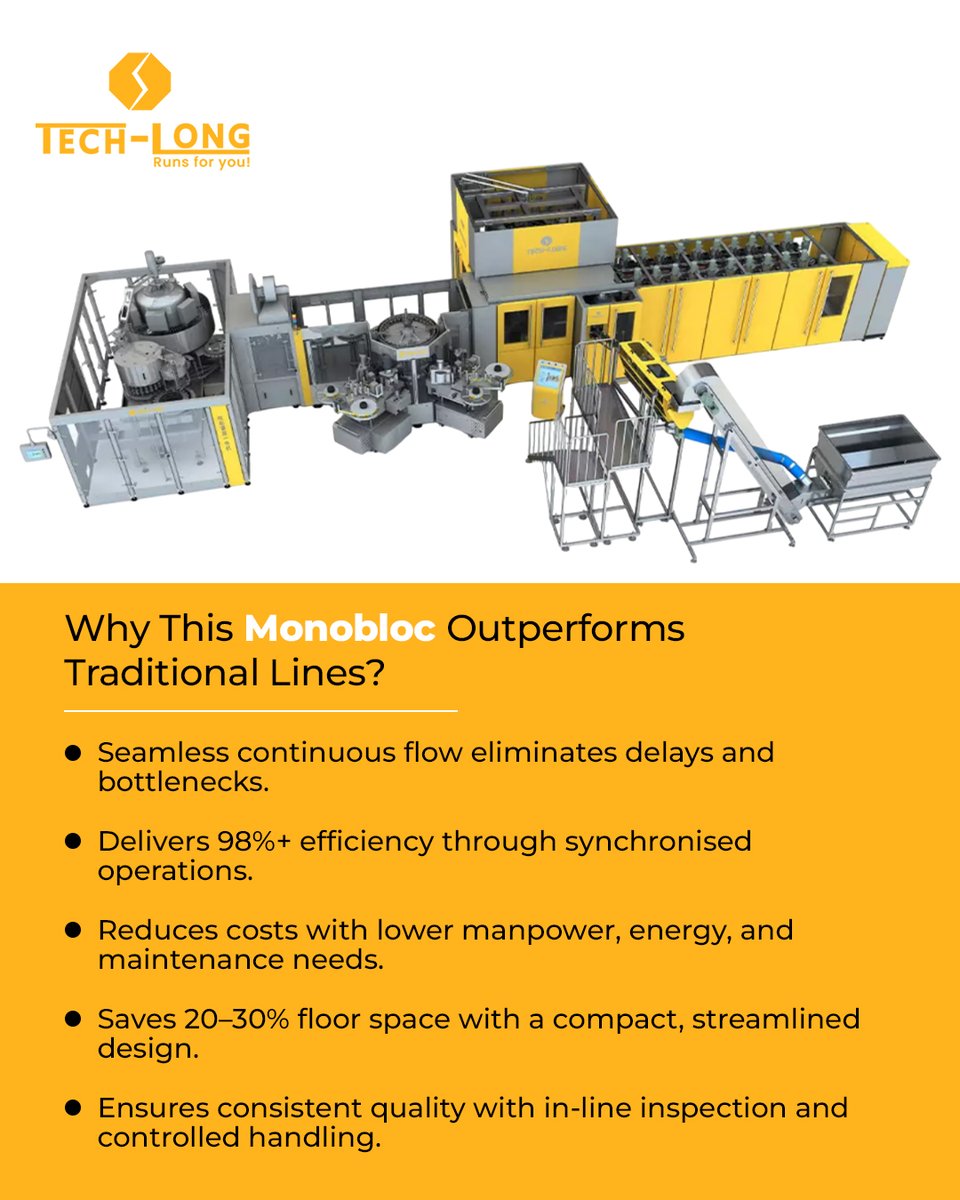 techlongindia's tweet photo. Tech-Long Monobloc brings blowing, labelling, filling, and capping into a single, synchronised flow, cutting delays, saving space, and delivering consistent quality at scale. Less downtime. Lower costs. Higher efficiency. That’s how modern lines are built. https://t.co/psDnHN9lNW