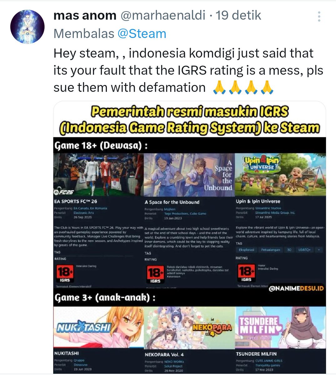 marhaenaldi's tweet photo. @gamespark I trying to make steam notice it and sue komdigi for defamation https://t.co/MsEcnA4mr3