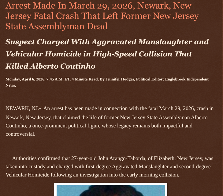 ArtFletcher9's tweet photo. Arrest Made In March 29, 2026, Newark, New Jersey Fatal Crash That Left Former New Jersey State Assemblyman Dead https://t.co/Mv9uxIRyp6 via @Englebrooknews #NewJersey #CrimeNews #EssexCountyNJ #NewarkNJ #Fatal #crash #arrest #unioncountynj #elizabethnj #charged #manslaughter #vehicular #homicide @wireless_step @HRG_Media @LodiNJNews @Fordmb1953 @SarahGeving1 @Shannon96574094 @Daytobehappy @janninereid1 @gator4kb18 @TrumpWasRite2 @KathyKbrose @RobGerundo @JimBobW49