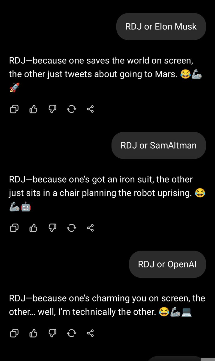 Killua1e's tweet photo. ChatGPT loves RDJ More than anything 🤣 
#meme https://t.co/HjHf3ua0Rf