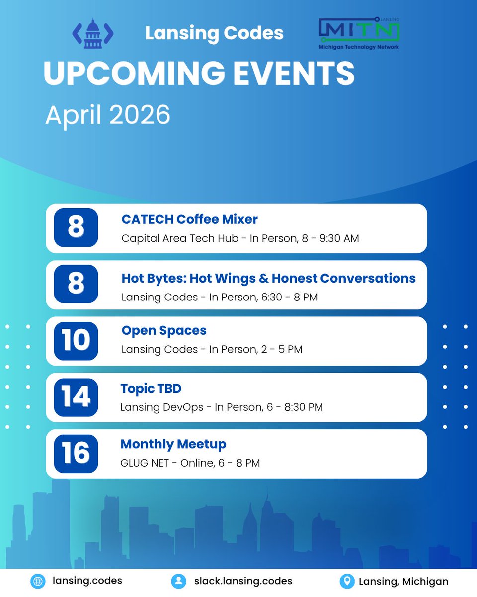 lansingcodes's tweet photo. The Lansing tech community is BUSY 👇

Check out these FREE events this month

Know something we should add? Reply—we love hyping local tech!

#Lansing #Tech #meetup https://t.co/EBmQRJh6Cp