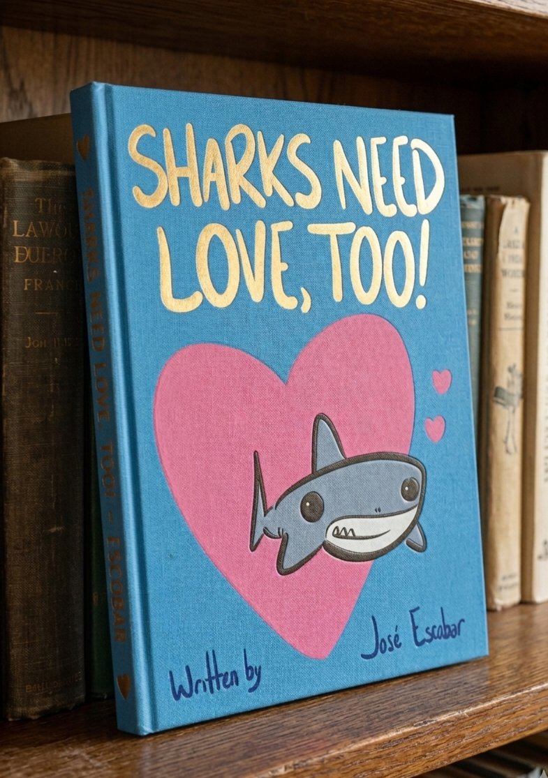 Write_eo's tweet photo. Made a mock book cover for one of my many rejected stories. #Publishers and #LiteraryAgents, take notice!!

SHARKS NEED LOVE, TOO! - 

"Sometimes the biggest creatures need the biggest hugs."

#picturebook #kidlit #original #author #childrensbooks https://t.co/j5mNAmFXzt
