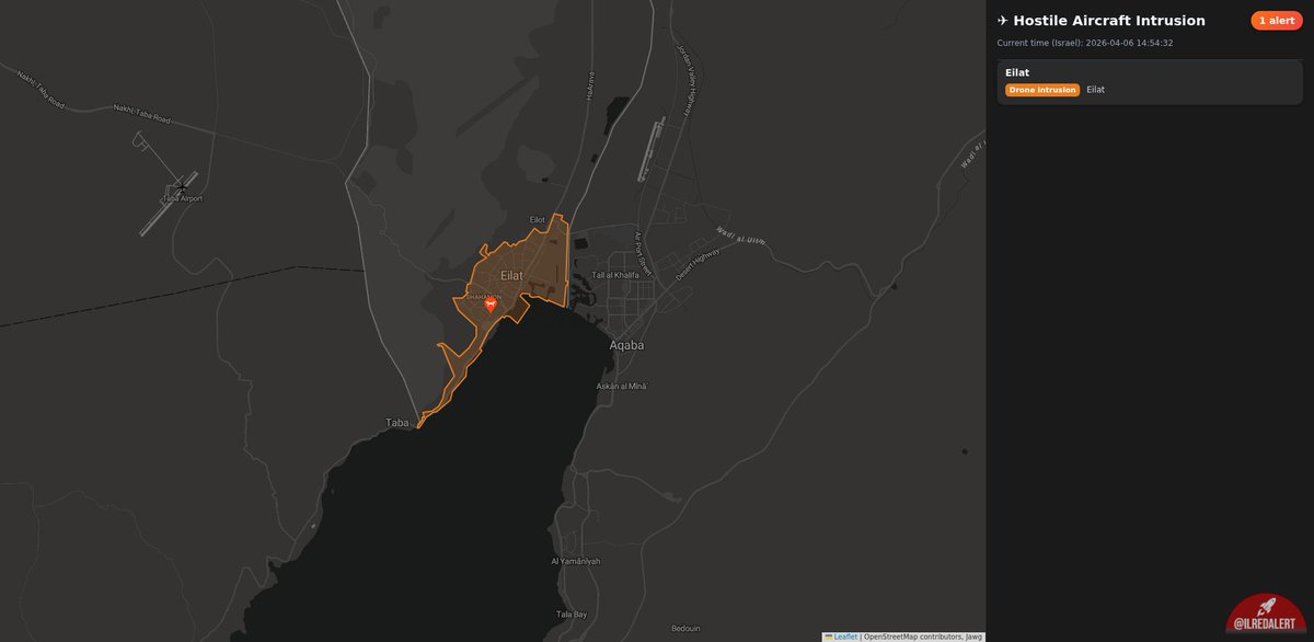️ Hostile Aircraft Intrusion [14:54:31] - 1 Alert: • Eilat — Eilat ...