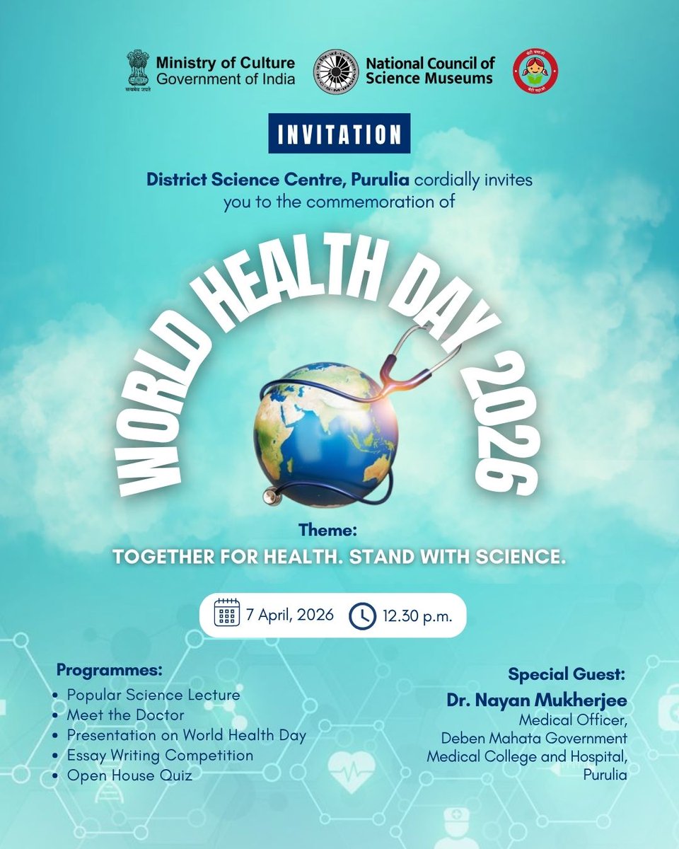 ncsmgoi's tweet photo. 🩺🌍 World Health Day 2026 at @dscpurulia, a unit of @ncsmgoi, @MinOfCultureGoI, with Dr. Nayan Mukherjee, Medical Officer, DMMCH Purulia as our special guest. Join us! ✨
#HealthForLife #ScienceForWellbeing #NCSM https://t.co/hYB1254MR4
