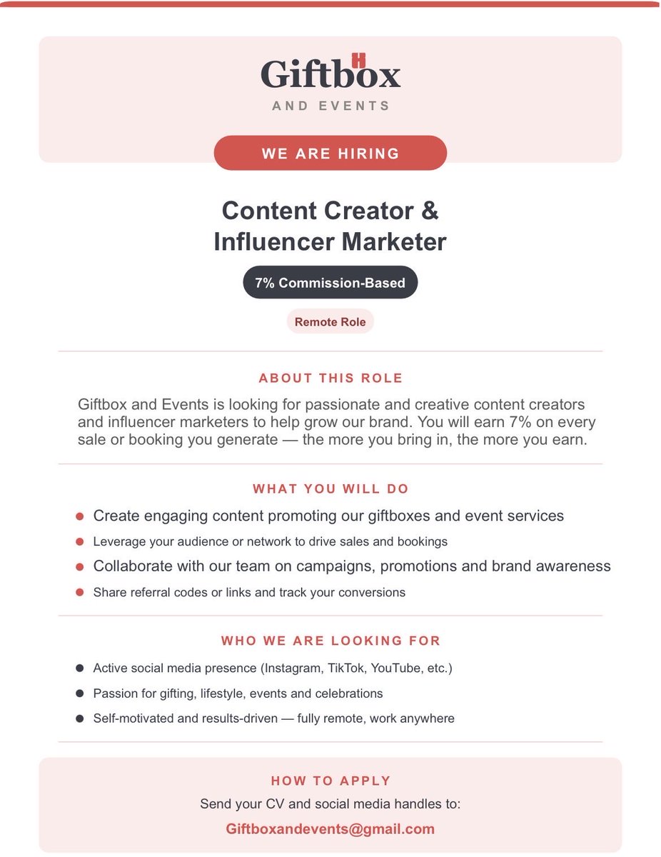 GIFTBOXANDEVENT's tweet photo. We're hiring! 🎁
Content creators &amp; influencer marketers wanted at Giftbox and Events.
💰 7% commission on every sale 📍 100% remote 📩 Send your CV to Giftboxandevents@gmail.com
RT to help us find the right persons 🙌 https://t.co/1WjXGZXLHJ