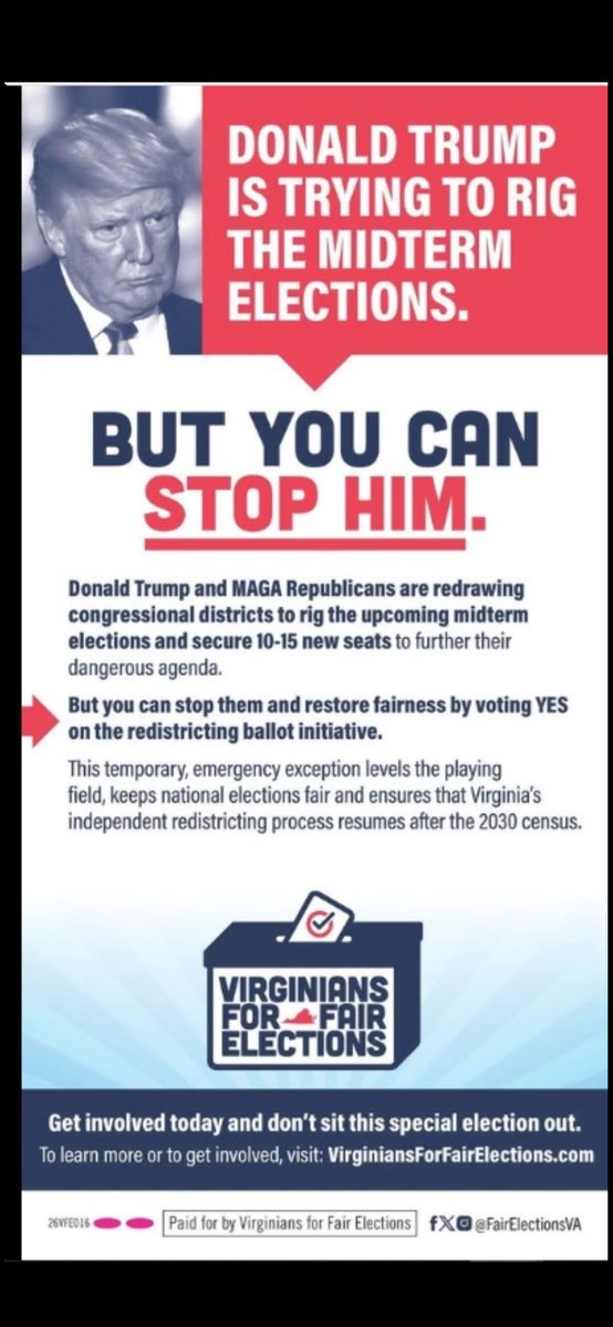 Robpxn's tweet photo. @JasonMiyaresVA #Virginia Vote Yes to stop #Trump's scams to rig the 2026 mid-term elections.  

#TrumpFailures 

#IranWar‌ #GasPrices #foodprices #Inflation #farmers #ranchers #milk #beef #MAGA
#Medicare #Medicaid #SocialSecurity https://t.co/7R9pqUCI8g