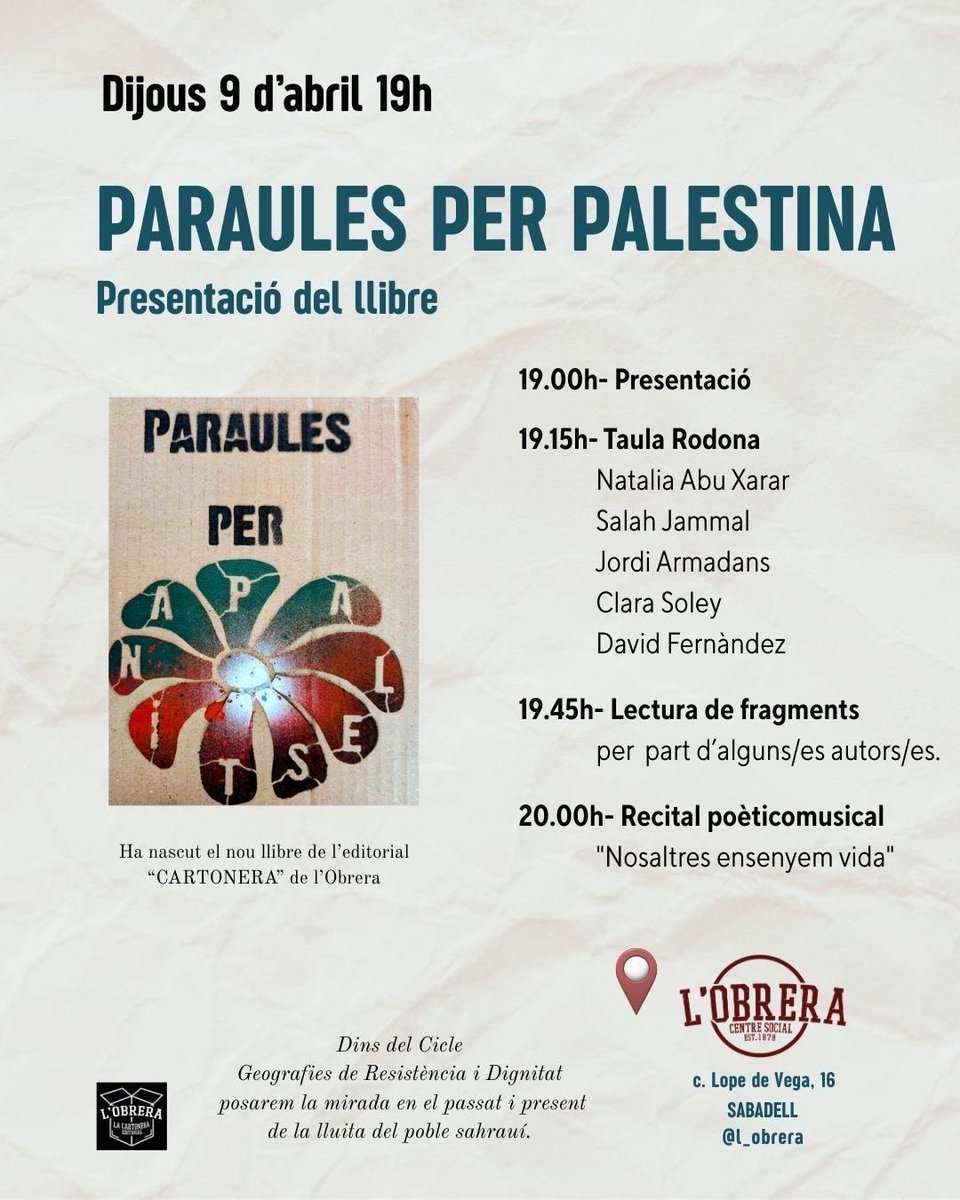 Dijous a L’Obrera, amb una pila d’amics i amigues que no es cansen ni es cansaran de denunciar el genocidi palestí. Entre d’altres…
<a href="/SalahJamal99/">Salah Jamal</a> <a href="/HiginiaRoig/">David Fernàndez 💚✊🏿</a> <a href="/Jordi_Armadans/">Jordi Armadans Gil</a>