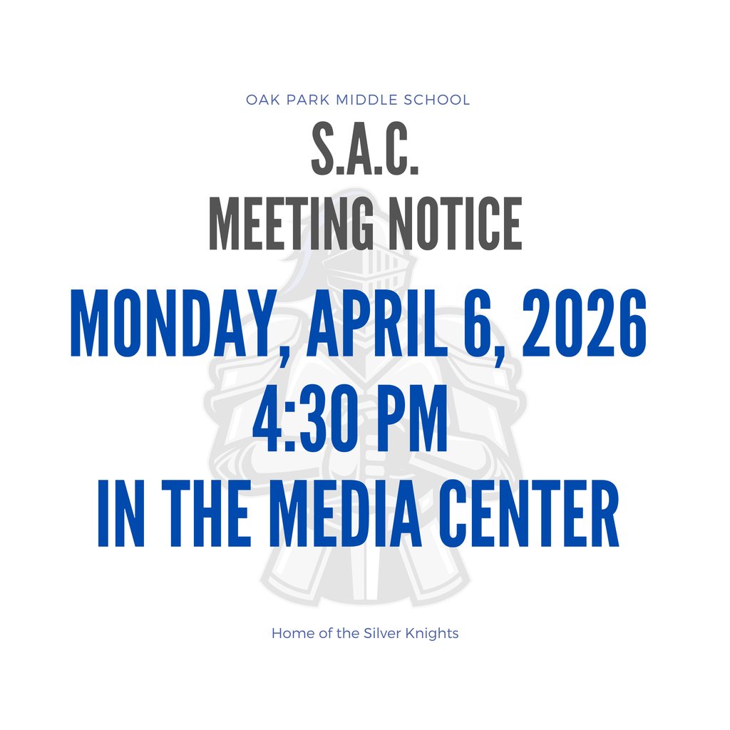 Join us at Today's School Advisory Council (SAC) Meeting!

📅 Monday, April 6, 2026
⏰ 4:30 PM
📍 Media Center (Knight Hall)

We value your voice and partnership as we continue to support our students and school community. We hope to see you there!