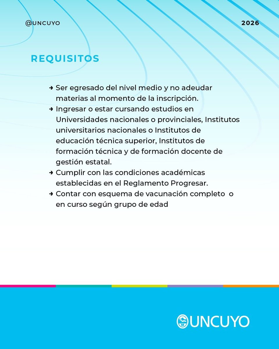SREstudiantiles's tweet photo. 👉🏼 La Beca Progresar 2026 abre sus inscripciones. Para postularse deberás contar con:

✅ Usuario en Mi Argentina https://t.co/k9zE1rsAAW
✅ CBU CVU a su nombre
✅ Datos actualizados en ANSES https://t.co/5hw7nhYOdA

ℹ️ Consultas UNCUYO Espacio Progresar al 2616 08-8892 https://t.co/gQ3uxPjYcG