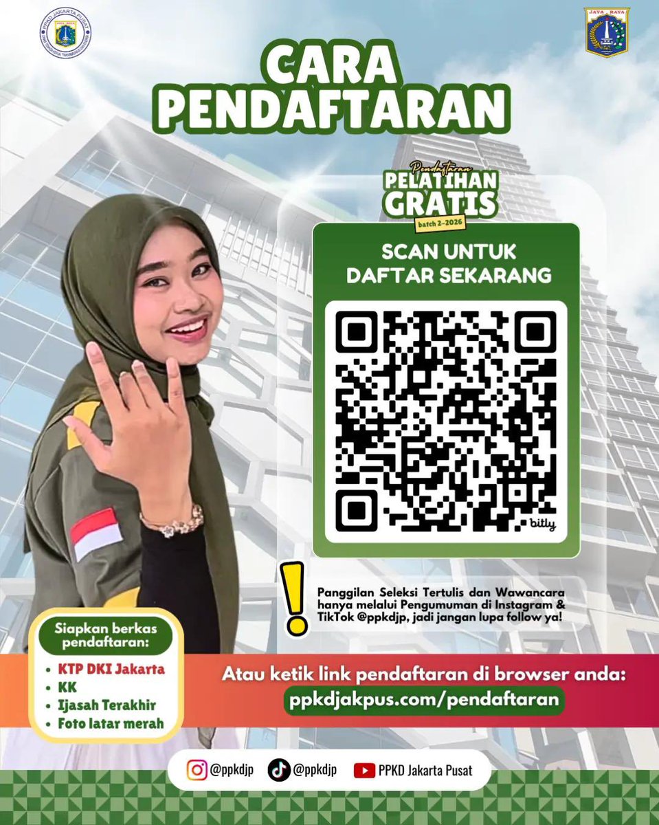 MenteriPekerja's tweet photo. Pelatihan Gratis Khusus yg KTP Jakarta.

Bisa dapet sertifikasi dan fasilitas seperti:
-seragam gratis
-makan siang gratis
-snack gratis
-Sertifikasi BNSP Gratis

Syaratnya apa aja?
-KTP jakarta
-Ijazah 
-Ga lagi kerja
-Foto latar belakang merah

semoga bermanfaat 🙌 https://t.co/zPFk4MaUcm