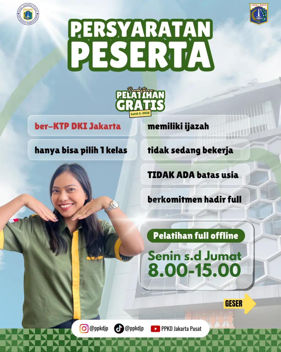 MenteriPekerja's tweet photo. Pelatihan Gratis Khusus yg KTP Jakarta.

Bisa dapet sertifikasi dan fasilitas seperti:
-seragam gratis
-makan siang gratis
-snack gratis
-Sertifikasi BNSP Gratis

Syaratnya apa aja?
-KTP jakarta
-Ijazah 
-Ga lagi kerja
-Foto latar belakang merah

semoga bermanfaat 🙌 https://t.co/zPFk4MaUcm