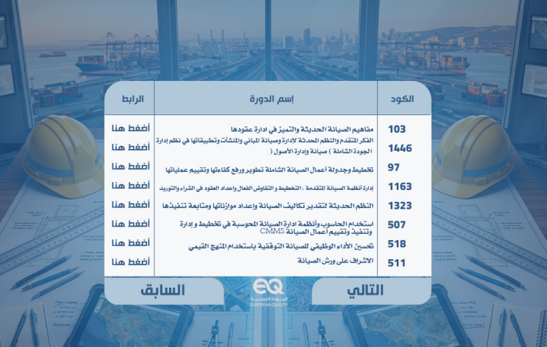 Euro_Quality's tweet photo. 📌  تخطيط الصيانة وإدارة الأصول والممتلكات

📲 00201068007532

📩 rana@europeanqualitytc.com

📲 00971566356223

📩 info@europeanqualitytc.com

https://t.co/tRm52kgSIx

#إدارة_الأصول #تخطيط_الصيانة #الصيانة_الوقائية #إدارة_المعدات #AssetManagement #MaintenancePlanning https://t.co/nfDFLTSZEs