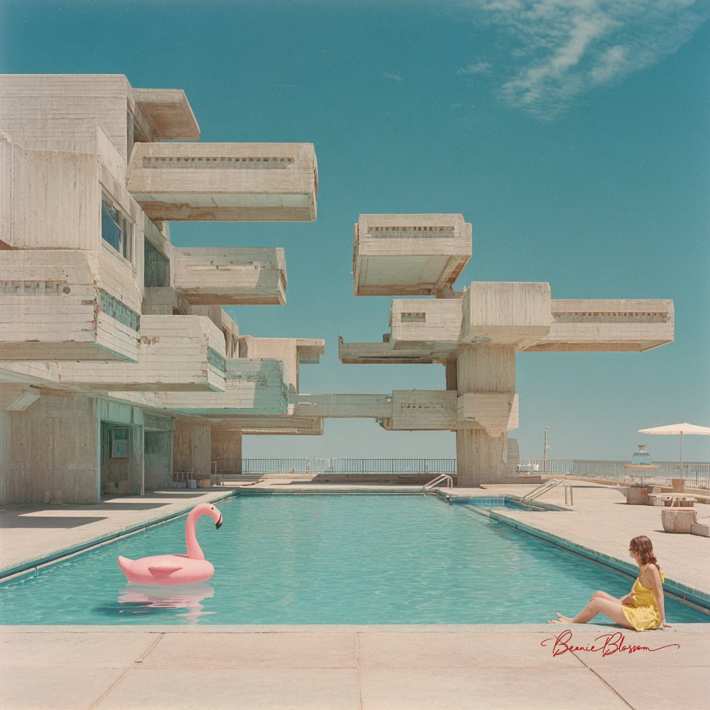 Prompt: A sun-drenched Brutalist swimming pool complex from the 1960s, captured in the saturated color palette of an expired Kodachrome slide thick concrete diving platforms cast sharp geometric shadows across the turquoise water, a forgotten inflatable flamingo drifts slowly