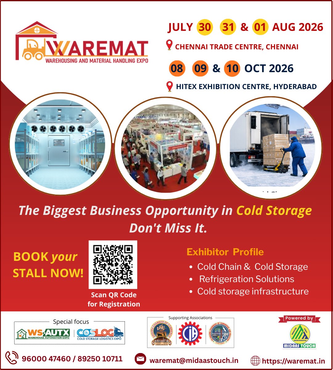 🚀 Exhibit at WAREMAT – Warehousing and Material Handling Expo &amp; connect with key buyers in cold chain &amp; logistics! ❄️

📍 Chennai Trade Centre – July 30, 31 &amp; Aug 1, 2026
📍 HITEX Exhibition Centre – Oct 08, 09 &amp; 10   2026
👉 Book your stall now!

#WAREMAT #ColdStorage