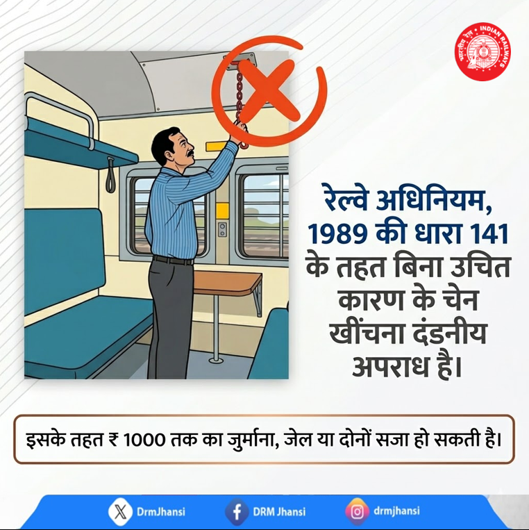 DrmJhansi's tweet photo. 🚫 बिना उचित कारण चेन पुलिंग करना अपराध है!
आपकी एक छोटी सी लापरवाही से सैकड़ों यात्रियों की यात्रा प्रभावित हो सकती है।
सुरक्षा और समय का सम्मान करें – केवल आपात स्थिति में ही चेन पुलिंग करें।

⚖️ नियमों का पालन करें, सुरक्षित यात्रा सुनिश्चित करें।

#RailwaySafety #ChainPulling #TravelResponsibly #IndianRailways #PassengerAwareness #SafetyFirst #RailwayRules #SafeJourney
