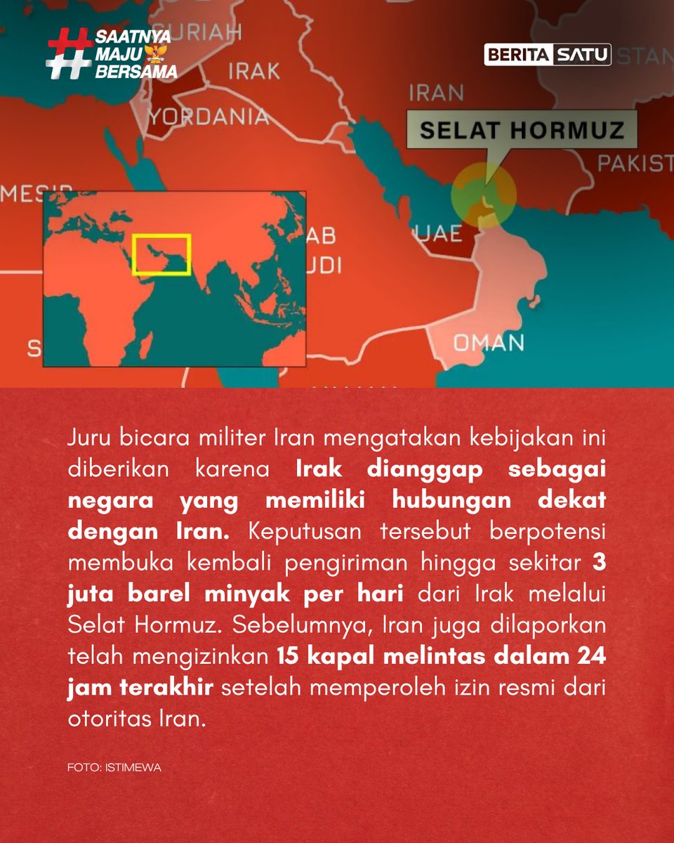 Beritasatu's tweet photo. Ketegangan di kawasan Timur Tengah terus berdampak pada jalur perdagangan energi global. Meski menerapkan pembatasan pelayaran di Selat Hormuz, Iran memberikan pengecualian bagi kapal-kapal Irak untuk tetap melintas demi menjaga distribusi energi.

Nikmati pengalaman membaca berita yang lebih nyaman dan komprehensif dengan mengunduh aplikasi BeritaSatu di iOS dan App Store

#Iran #SelatHormuz #Irak #BeritaSatu #SaatnyaMajuBersama