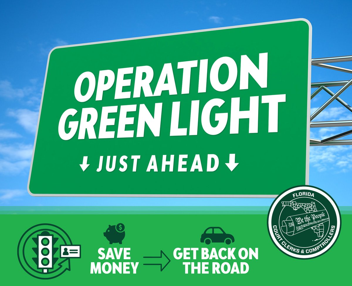 FloridaClerks's tweet image. The 2026 #OperationGreenLight events are right around the corner!

Suspended license? Save money and get back on the road!

Learn more at FLClerks.com/Page/GreenLight

#TrafficTickets #LegalHelp #SaveMoney