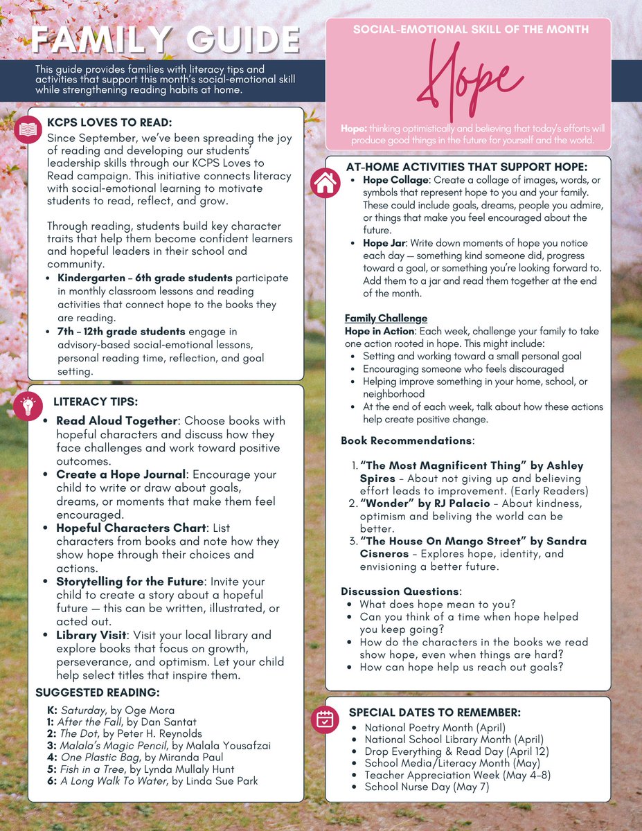 kcpublicschools's tweet image. Check out the April/May edition of the KCPS Loves to Read Family Guide! It's got book recommendations by grade level and tips to support your child's reading journey from home. The month's theme is "hope!"

#KCPS #Reading #StudentSuccess