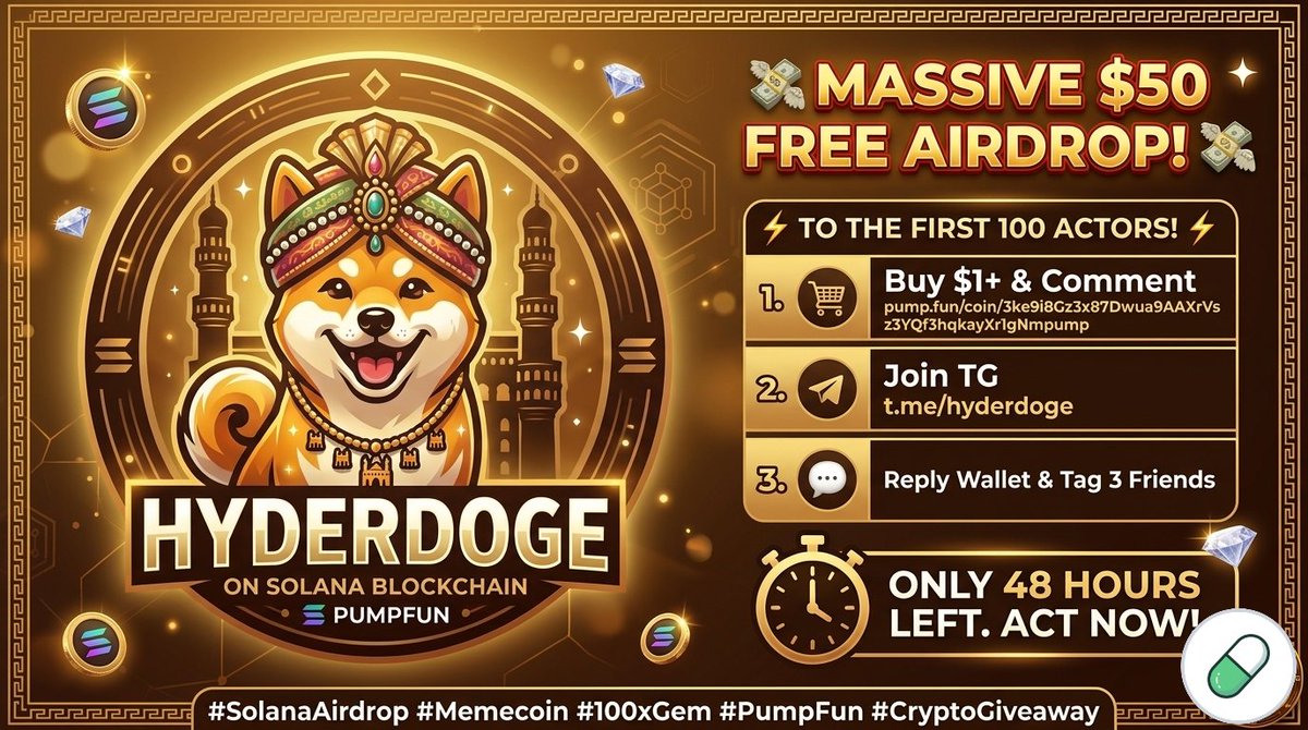 TrumpBonkB's tweet photo. The $HYDERDOGE Airdrop is Live

We are distributing $50✅

1️⃣ Purchase a minimum of $1 on PumpFun and leave a supportive comment:
https://t.co/80U7DCtWj6

2️⃣ Join Telegram: https://t.co/FpKyS1SXg2

3️⃣ Reply to this post with your $SOL address and tag 3 friends

#solanae #PumpFun https://t.co/JK7AxuZrmU