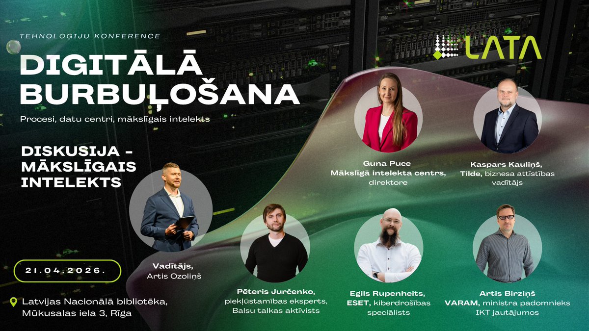 LATA_org's tweet photo. MI valsts sektorā: droši, efektīvi, atvērti? Diskusijā piedalās A. Birziņš, K. Kauliņš, P. Jurčenko, E. Rupenheits, G. Puce. Programma: https://t.co/o4dgyeMCtx
#DigitālāBurbuļošana #MākslīgaisIntelekts https://t.co/pF2fELbEmJ
