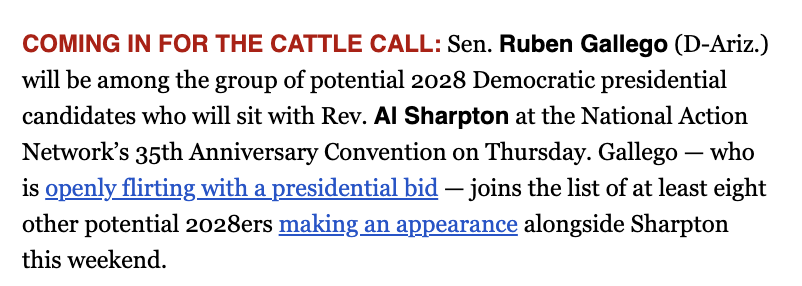 adamwren's tweet photo. Scoop in @playbookdc: @RubenGallego will be among the group of potential 2028 Democratic presidential candidates who will sit with Rev. Al Sharpton at the National Action Network’s 35th Anniversary Convention on Thursday. https://t.co/Uc4VpIwNeb