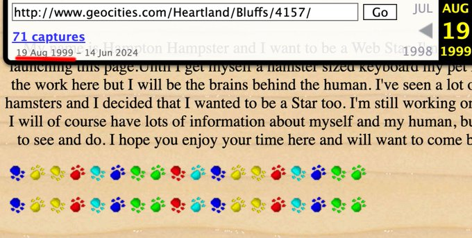 lieless67's tweet photo. Very first meme on the internet - If we search it on Wayback Machine - It has captures from 1999 https://t.co/BGiAafd3Wf

It's a dancing hamster named "Hampton the Hampster" - and it is the first meme of the internet  https://t.co/tojHtvjH7W

Video isn't loading on the website, because it is form 1999 - but this is the original video on the website https://t.co/tojHtvjH7W

*If u want to read more - https://t.co/O9xjeva87O