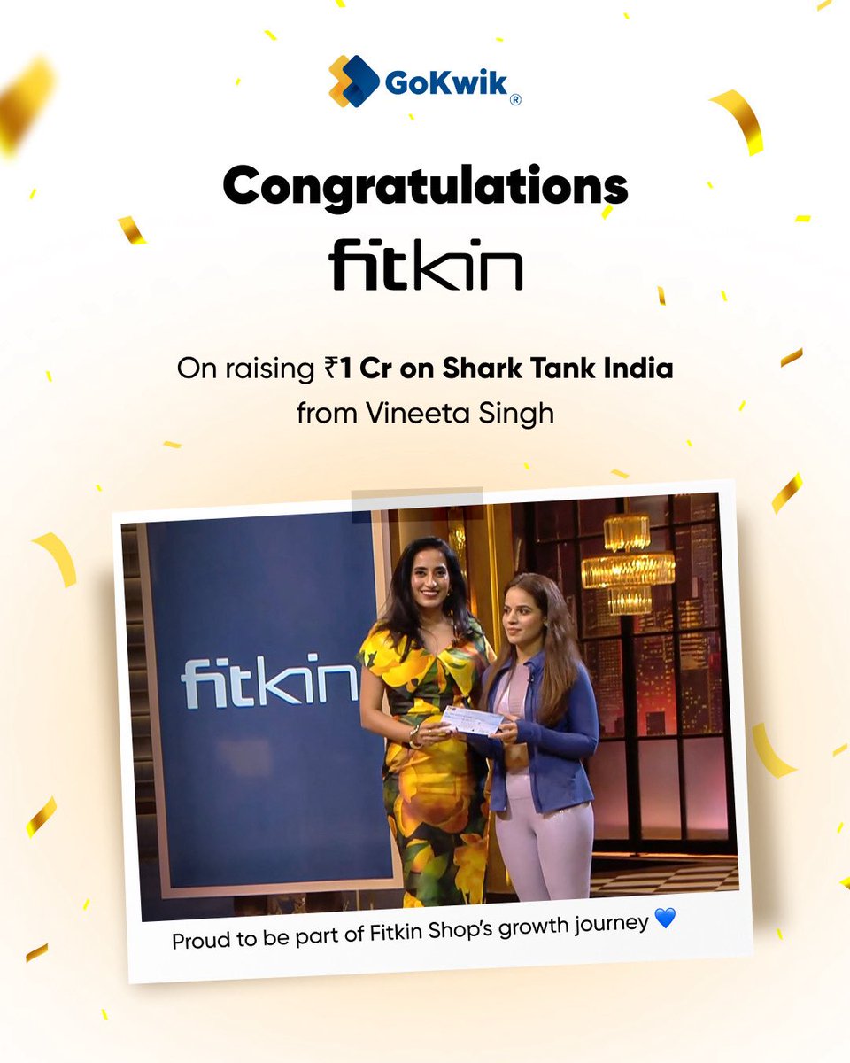 gokwik's tweet photo. Huge congratulations to the team at @FitkinIndia and Surbhi Chawla for their stellar pitch and successful fundraise on @sharktankindia India from @vineetasng 

It’s inspiring to see a brand focused on fitness and well-being receive the recognition it truly deserves 💙

At GoKwik, we’ve had the privilege of being part of Fitkin’s journey. We’re incredibly proud to support their growth as they continue to scale and empower more people every day.

#SharkTankIndia #Fitkin #D2C #GrowthJourney #GoKwik #StartupSuccess