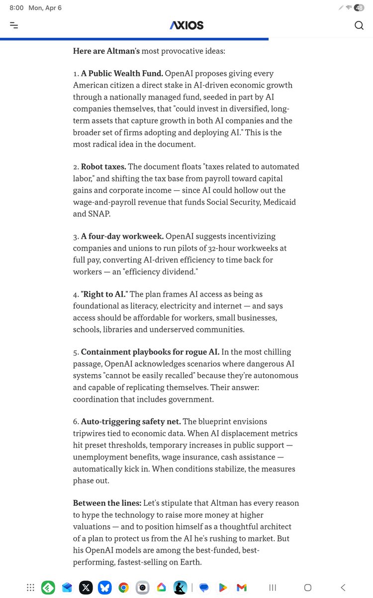 citizencyborg's tweet image. Altman is floating technoprogressive policy as OpenAI spirals the drain. Not bad, but trying to tie the welfare state to AI progress when we should do this anyway.
axios.com/2026/04/06/beh…
