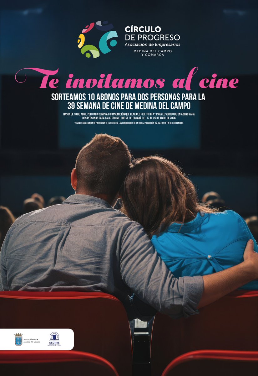 🎬¡Te invitamos al cine!
Hasta el 10 de abril, cada vez que hagas una compra o consumición en los establecimientos identificados con este cartel ⬇ , pide tu rifa y entra en el sorteo de 10 abonos para dos personas para disfrutar de la SECIME
#medinadelcampo #SECIME #39SECIME