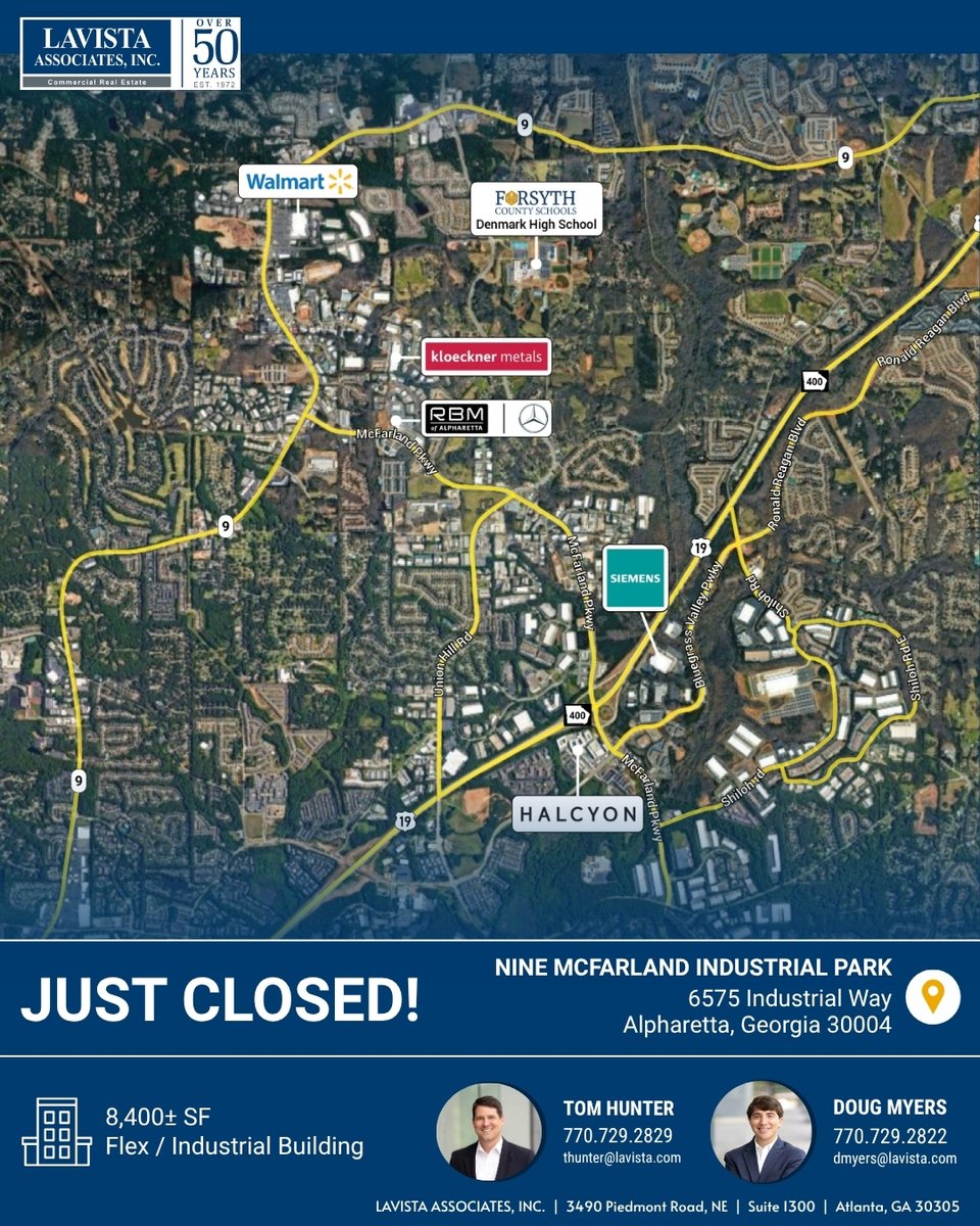 Congratulations to Tom Hunter and Doug Myers on closing the sale of 6575 Industrial Way in Alpharetta, Georgia.
 
Located in Nine McFarland Industrial Park, this 8,400± SF industrial/flex building features:
• 3,000 SF office space
• 4,200 SF conditioned production area
• 1,200