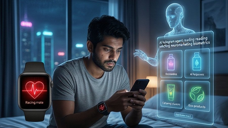 ZeroCompMarket's tweet photo. Late-night shopper Vikram’s pulse races with decision fatigue. 

AI agent reads neuromarketing biometrics and simplifies the entire store to 4 items that match his values. 

Consumer psychology 2026: biometrics turn overwhelm into delight. 

Hyper-personalization isn’t optional anymore. What subconscious cue made you buy last? #ConsumerPsychology #NeuromarketingBiometrics