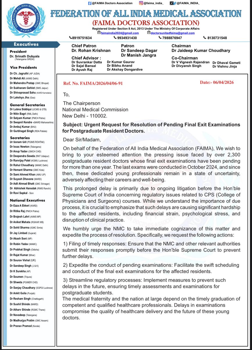 FAIMA_INDIA_'s tweet image. FAIMA urges the NMC to expedite the pending final exit exams for over 2,300 CPS course postgraduate doctors delayed due to legal issues. 
Timely resolution is crucial for their careers &amp;amp; healthcare quality. 

#MedicalEducation #FAIMA #NMC #Healthcare