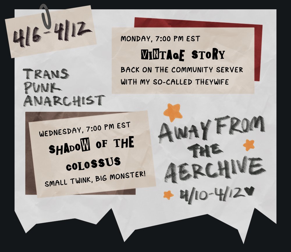 This week a short and sweet one, as I'll be away from the AErchive over  the weekend.
I'll be taking the opportunity to disconnect from the internet and  attend to some personal matters - but I'll see y'all around with some  queer punk shenanigans in the meantime!