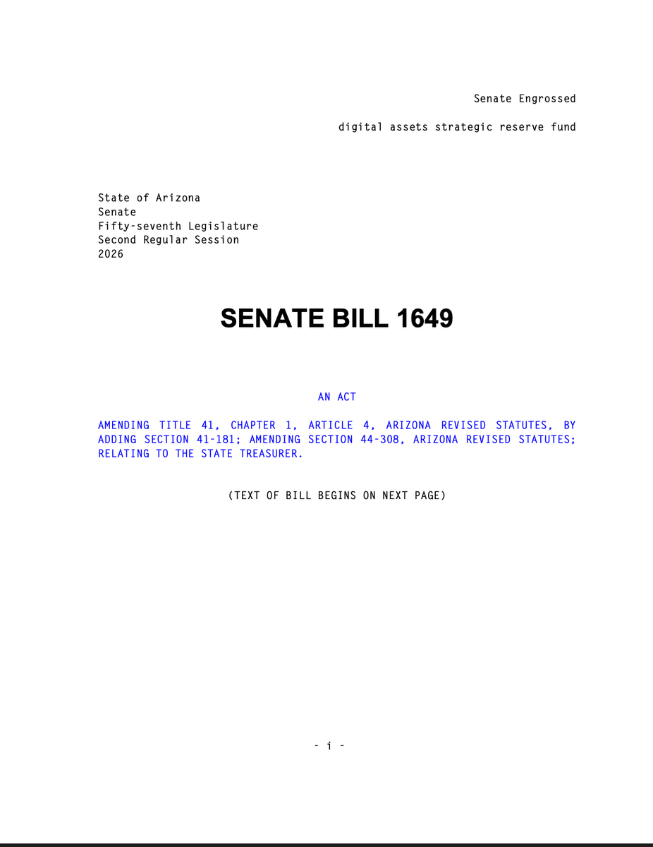 RippleXity's tweet photo. 🚨 JUST IN: $XRP is officially listed in Arizona Senate Bill 1649 as part of a proposed digital assets reserve. 🇺🇸 https://t.co/ohxmNe9ZtZ