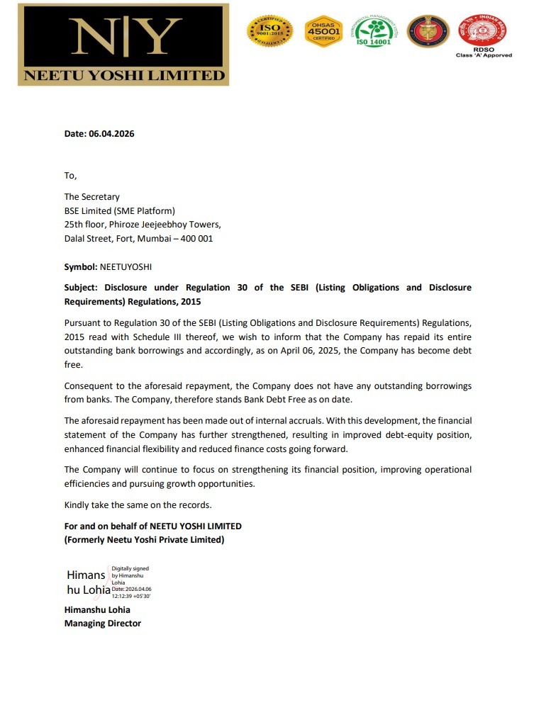 AvinashGoraksha's tweet photo. #NeetuYoshiLimited

The Company proudly announces it is now completely Bank Debt Free as on April 06, 2026 - a testament to its financial discipline, strong internal cash flows and commitment to long-term value creation for all stakeholders.

#DebtFree #FinancialStrength #BusinessGrowth #StrongFundamentals