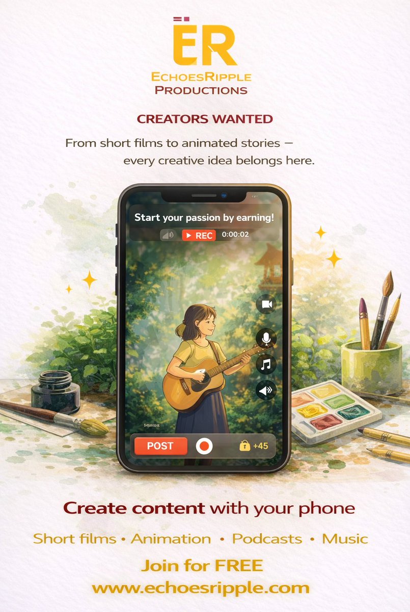 EchoesRipple's tweet image. Create content with your phone 📱

Short films. Podcasts. Music.
Upload for FREE. Reach global audience. Earn.
Start now 👉 echoesripple.com

#CreatorsWanted #EchoesRipple #CreateAndEarn #DigitalCreators 🚀