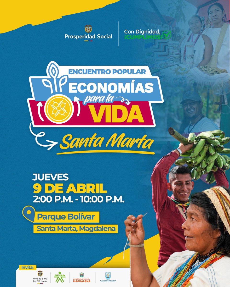 ¡Únete a nuestro #EncuentroPopular de #EconomiasParaLaVida!
Este jueves 9 de abril, ven con tu familia al Parque Bolívar de Santa Marta.
Descubre artesanías, ropa, calzado, alimentos y bebidas hechos con amor por madres cabeza de hogar, víctimas del conflicto armado y jóvenes.