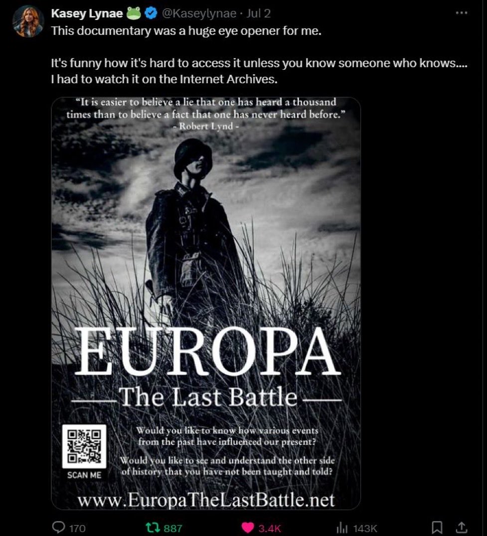 AgresvProgresv's tweet photo. It’s alright it’s not your fault, we’ve been lied to our whole lives. If you want to dive deep and learn it for yourself I highly recommend the documentary, Europa The Last Battle 

It’s a total of 12 hours long and will provide detailed accounts of exactly how we got here. Everything will make sense.