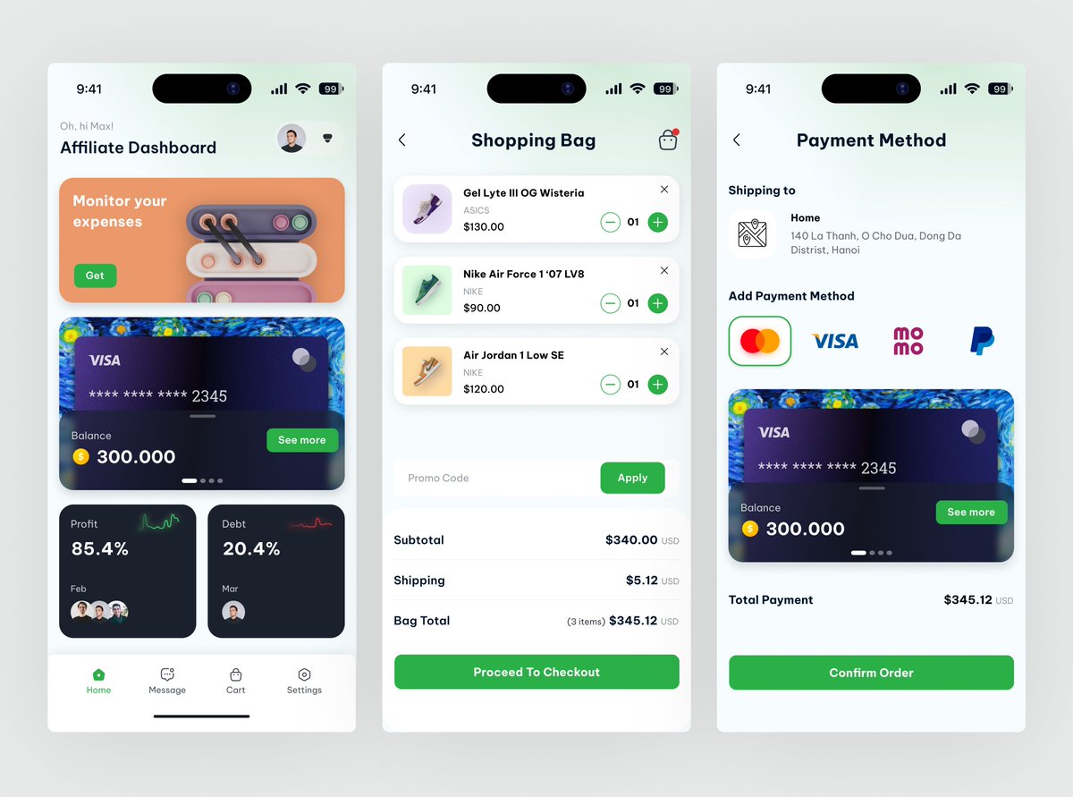 I design a mobile eCommerce + payment flow with financial tracking elements.