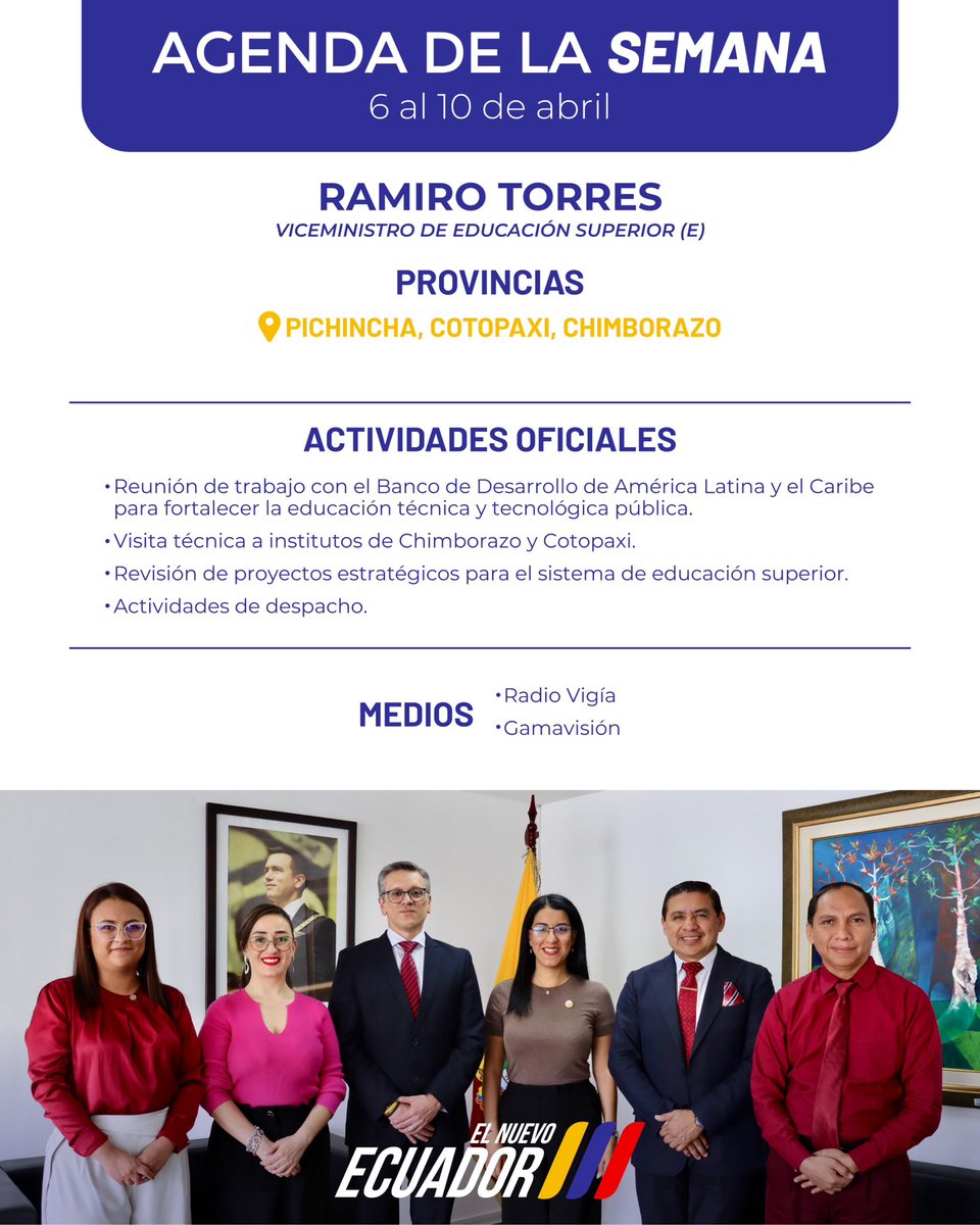 EduSuperiorEc's tweet photo. 🗓️ Del 6 al 10 de abril, el viceministro (e), Ramiro Torres, cumplirá agenda de trabajo en Pichincha, Cotopaxi y Chimborazo.

✅ Se desarrollarán reuniones de articulación con organismos internacionales y actividades que aportan al mejoramiento del sistema de educación superior. https://t.co/LvejlpNPgZ