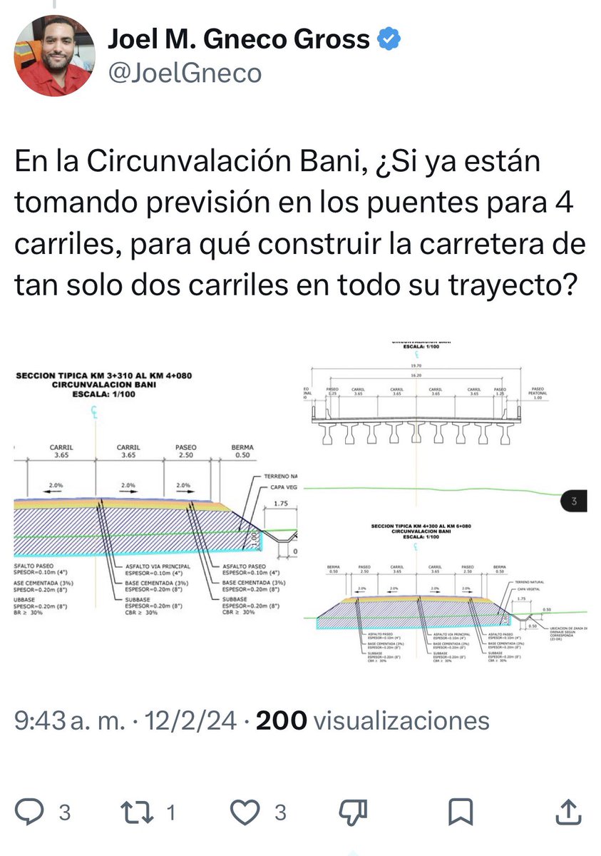 giovannida's tweet image. En #RD seguimos con miopía grave en planificación vial y movilidad.

La Circunvalación de Baní (inaugurada 2025) tiene puentes preparados para 4 carriles, derecho de vía suficiente… pero la construyeron con solo 2 carriles. En su primera Semana Santa 2026 tuvo que ser habilitada