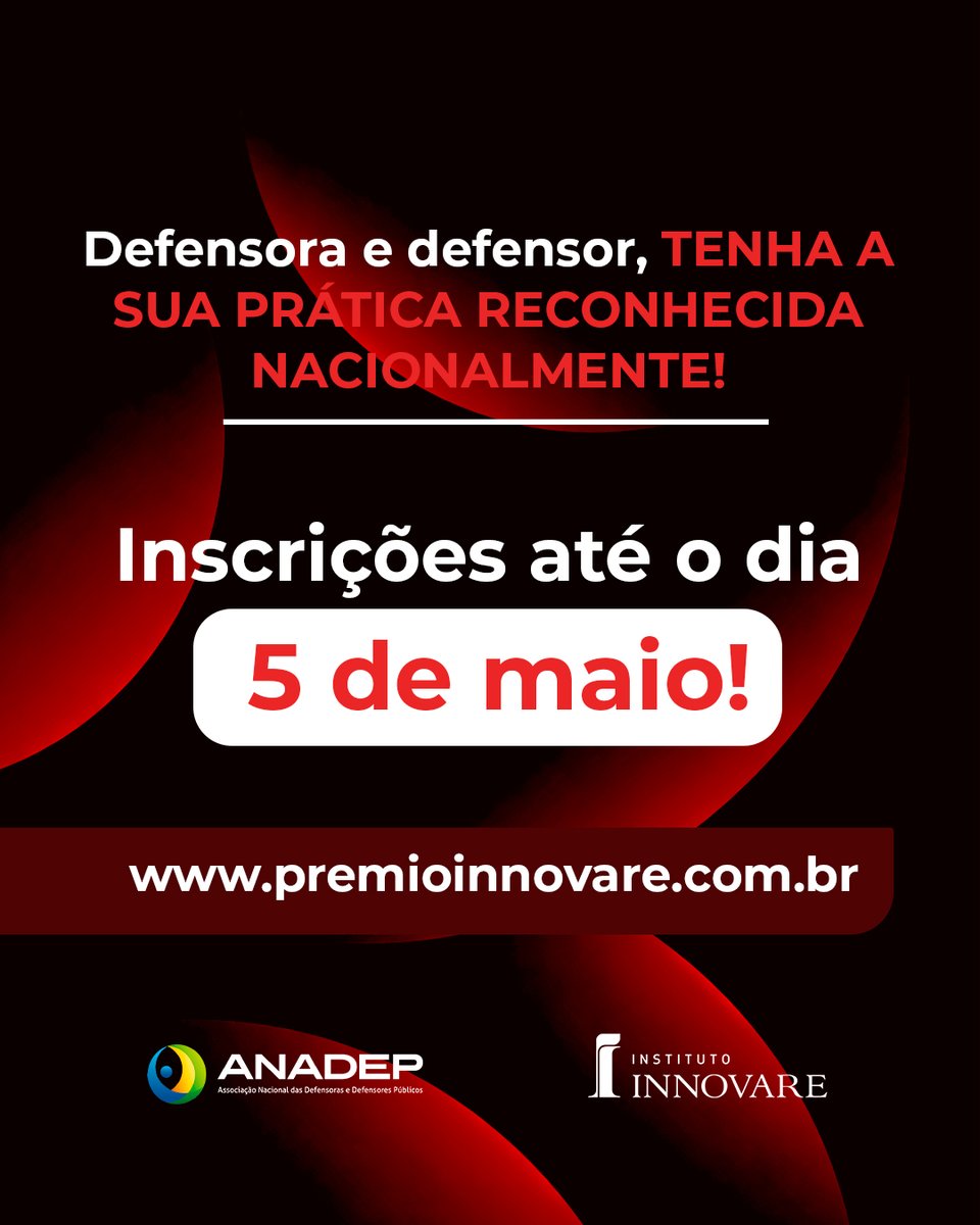 💡Defensor e defensora:  você tem uma prática que transforma vidas por meio da justiça? O Prêmio Innovare quer te conhecer! Lembre-se: o prazo final é dia 5 de maio. É a sua chance de levar sua voz e sua prática para todo o Brasil.
Visite premioinnovare.com.br