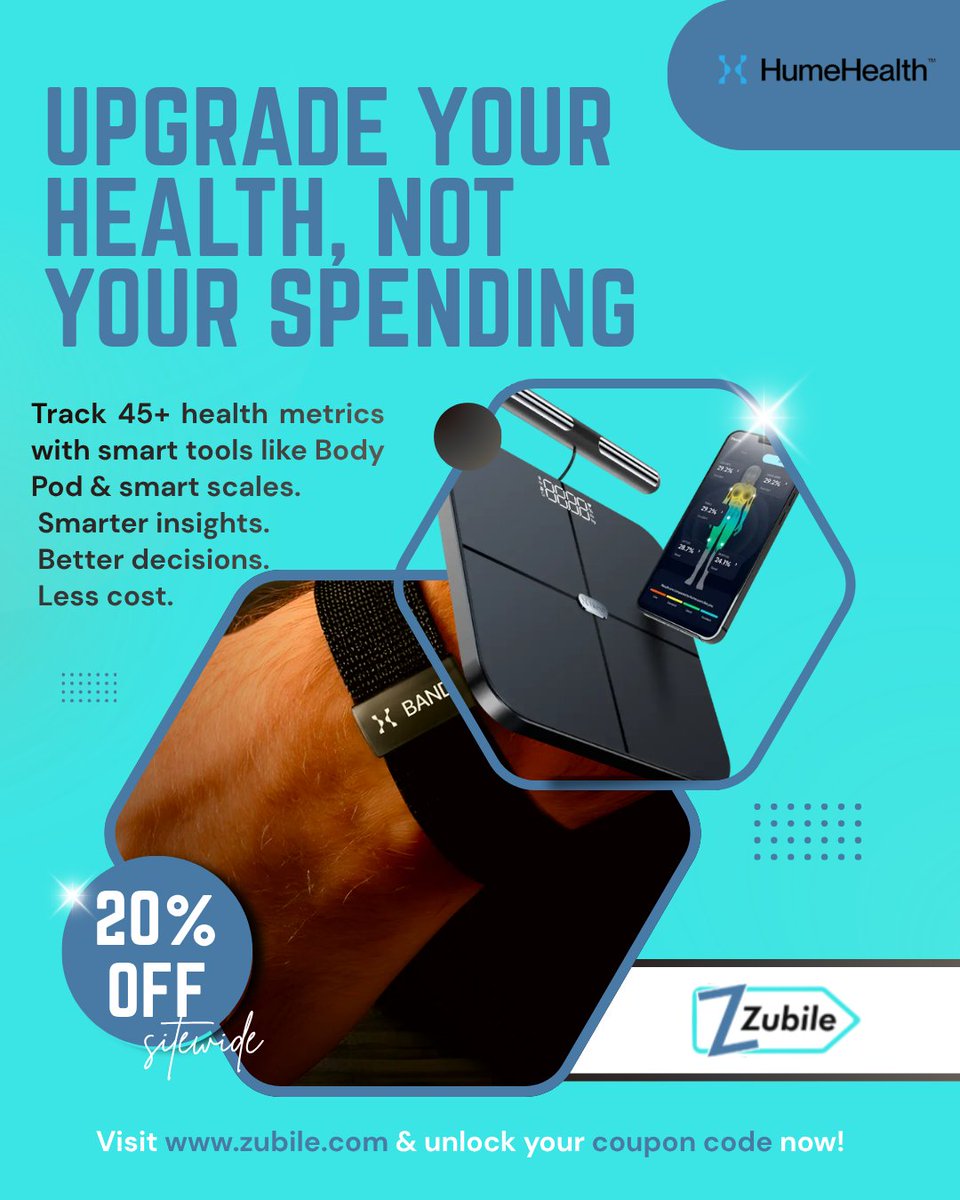 zubiledotcom's tweet image. Smart people don't guess their health, they measure it.🩺
Visit zubile.com/stores/hume-he… and grab 20% off sitewide at @myhumehealth !
#humehealth #bodypod #smartscale #healthmetrics #healthtech #fitnesstracker #couponcodes #zubile
