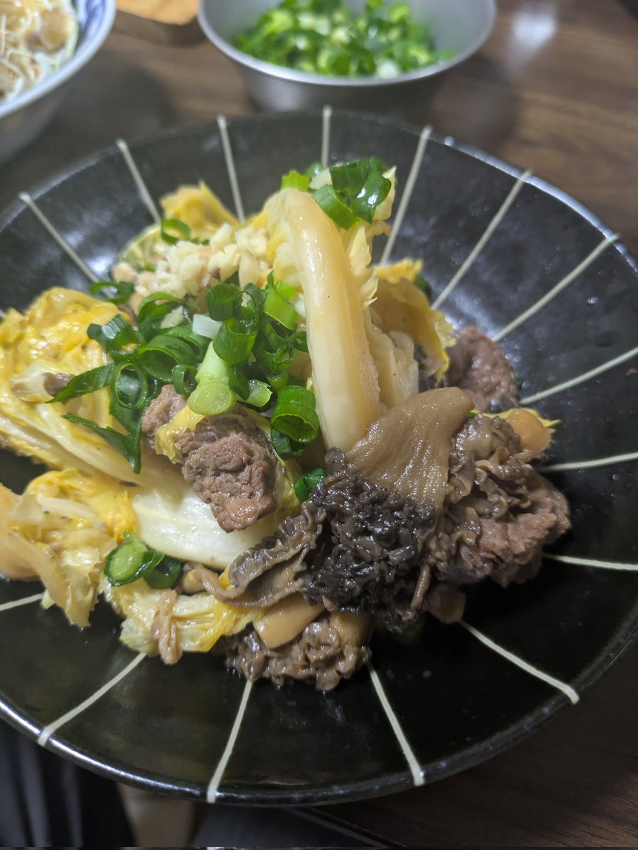 春キャベツと牛肉とアミガサタケの煮込み