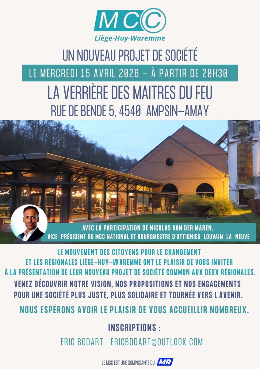 JeunesMCC's tweet photo. Save the date ! 🗓�� On se retrouve le 15 avril prochain à Ampsin pour dessiner ensemble les contours d'un nouveau projet de société. 💡
Le changement commence ici, avec vous ! ✊
📍 La Verrière des Maîtres du Feu
🕣 Dès 20h30
Inscriptions par mail 👉 ericbodart@outlook.com https://t.co/5K6Cl52Gqt