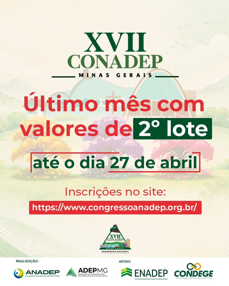 📣 Atenção: o relógio está correndo!
É o último mês para garantir sua inscrição no XVII CONADEP com os valores do 2º lote. Não deixe para a última hora e aproveite o desconto especial até o dia 27 de abril.
👉 Acesse agora o site oficial: congressoanadep.org.br e inscreva-se!